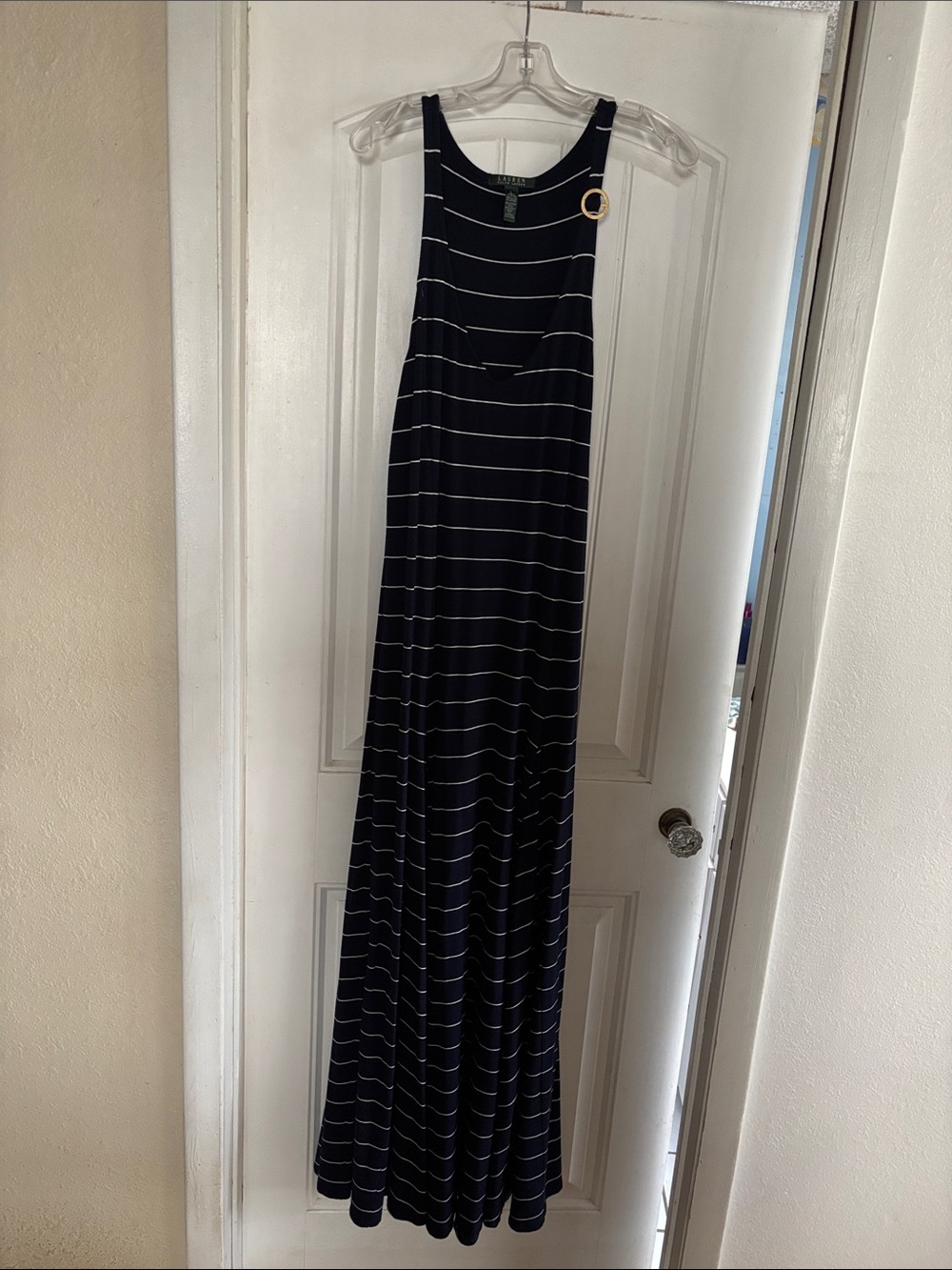 Nautica Navy and White Striped Maxi Dress with Gold Ring